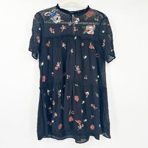 Zara‎ Womens Whimsigoth Boho Sequin Embroidered Floral Mini Dress Size S Black